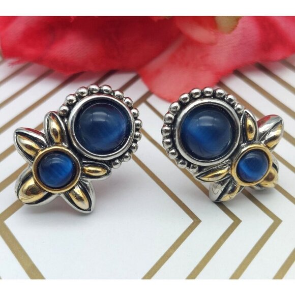 Michael Morrison Two Tone Silver & Gold Blue Glass Bead Floral Earrings Sign MX - Picture 3 of 11